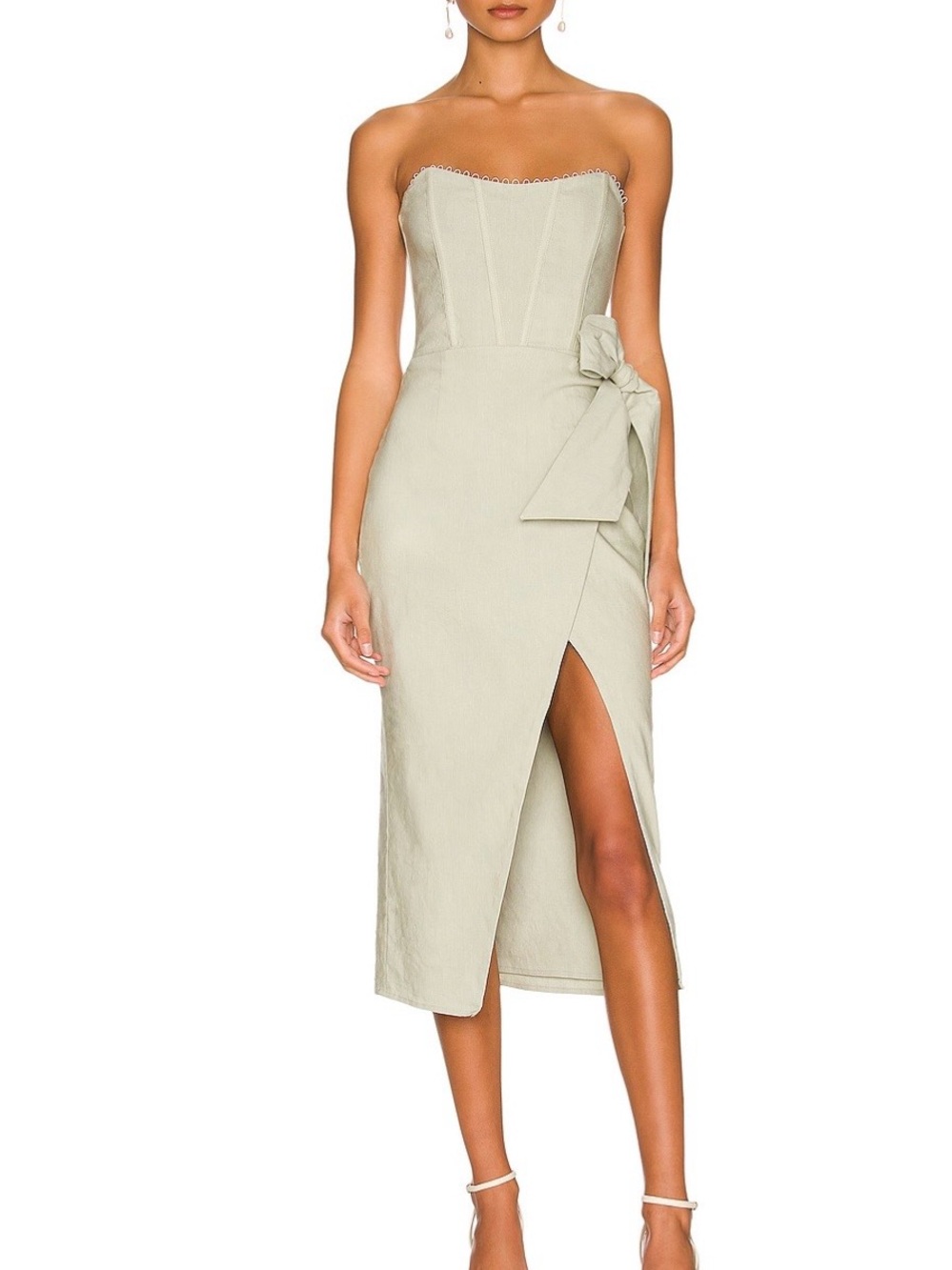 V. Chapman Strapless Midi Dress in Sage Green with Side Bow NWT